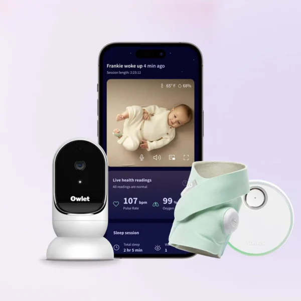 Setul Owlet Dream Duo – Owlet Dream Sock (Verde mentă) & Camera de monitorizare Owlet Cam 2 (Alb)